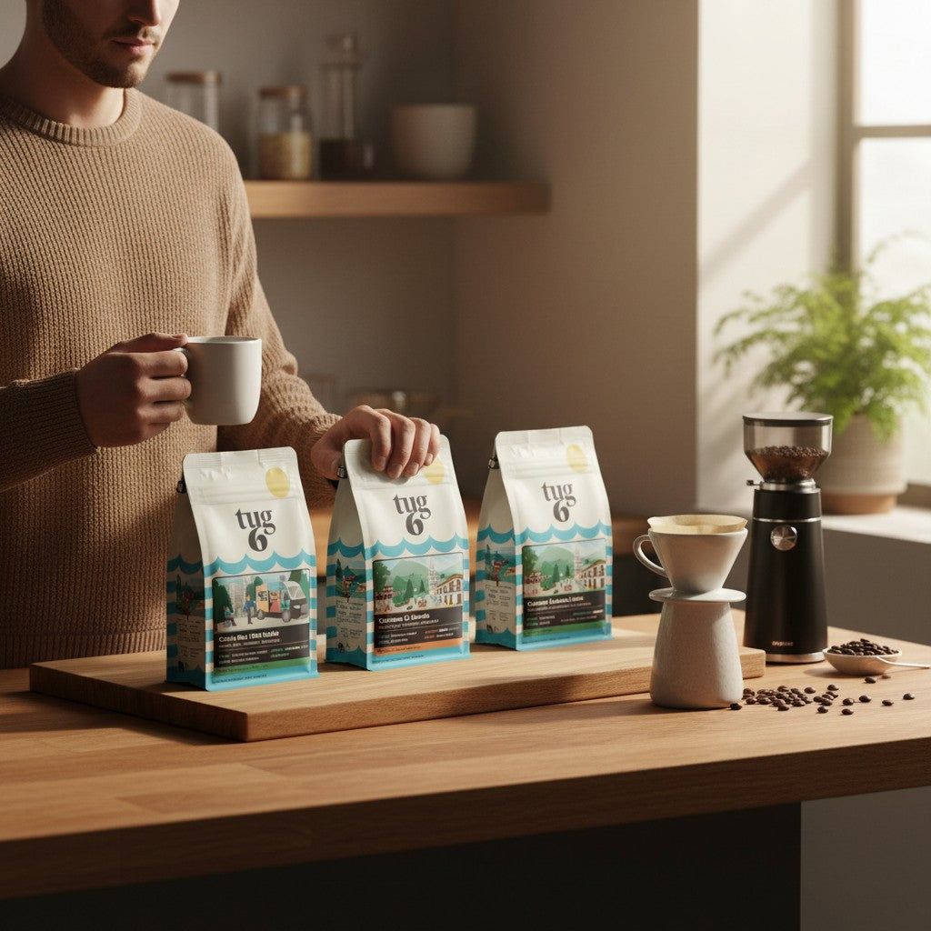 Tug 6 Single Origins Sampler Pack 3 x 200 g: KGM Collab, Colombia, Guatemala