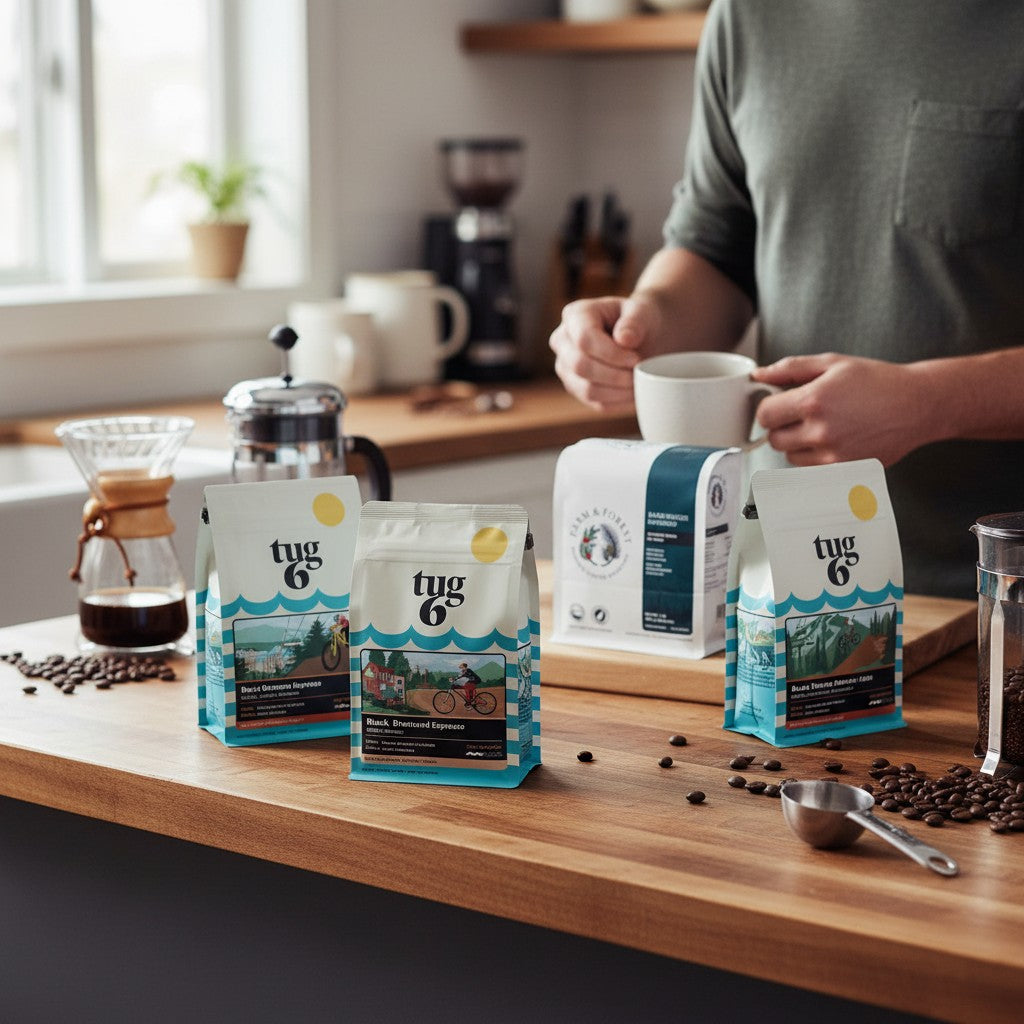 CCC Espresso Sampler Pack 4 x 200 g: Tug 6 Beach Cruiser, F&F Darkwoods, Tug 6 Black Diamond, Tug 6 Freestyle