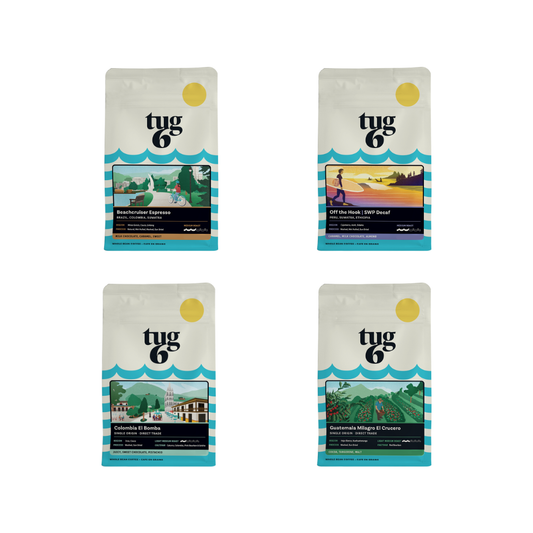 CCC Roaster's Choice Sampler Pack 4 x 200 g: Tug 6 Beachcruiser, Tug 6 Off the Hook SWP Decaf, Tug 6 Colombia, Tug 6 Guatemala