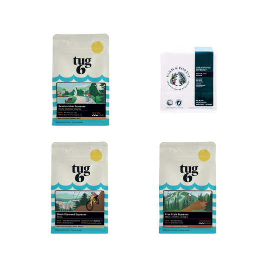 CCC Espresso Sampler Pack 4 x 200 g: Tug 6 Beach Cruiser, F&F Darkwoods, Tug 6 Black Diamond, Tug 6 Freestyle