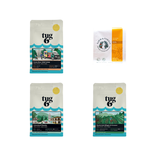 CCC Single Origins Sampler Pack 4 x 200 g: Tug 6 KGM Collab, F&F Selkirk Moose, Tug 6 Colombia, Tug 6 Guatemala