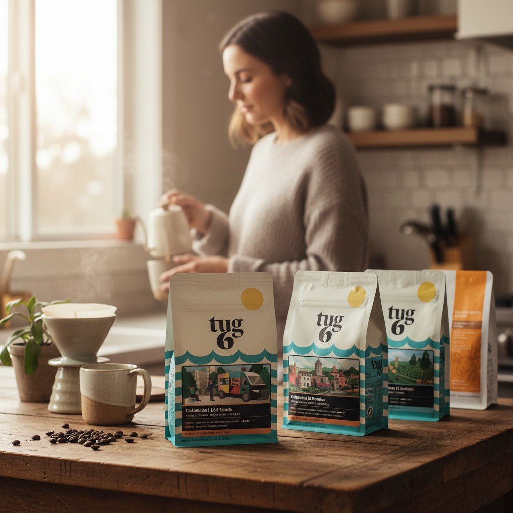 CCC Single Origins Sampler Pack 4 x 200 g: Tug 6 KGM Collab, F&F Selkirk Moose, Tug 6 Colombia, Tug 6 Guatemala