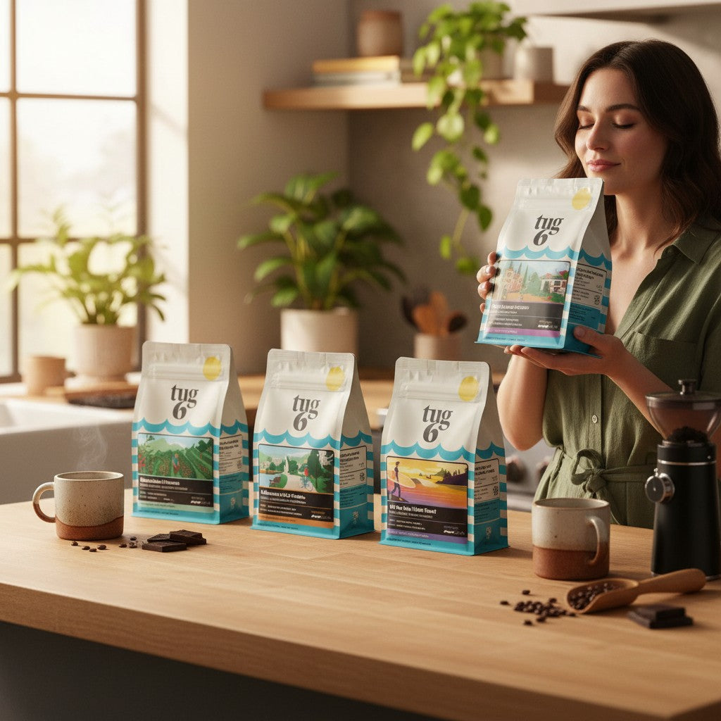 CCC Roaster's Choice Sampler Pack 4 x 200 g: Tug 6 Beachcruiser, Tug 6 Off the Hook SWP Decaf, Tug 6 Colombia, Tug 6 Guatemala